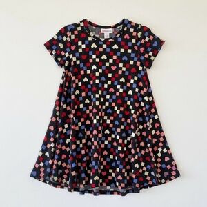 NWT LuLaRoe Girls Scarlett Heart Print Swing Dress Black Pink Purple Size 4